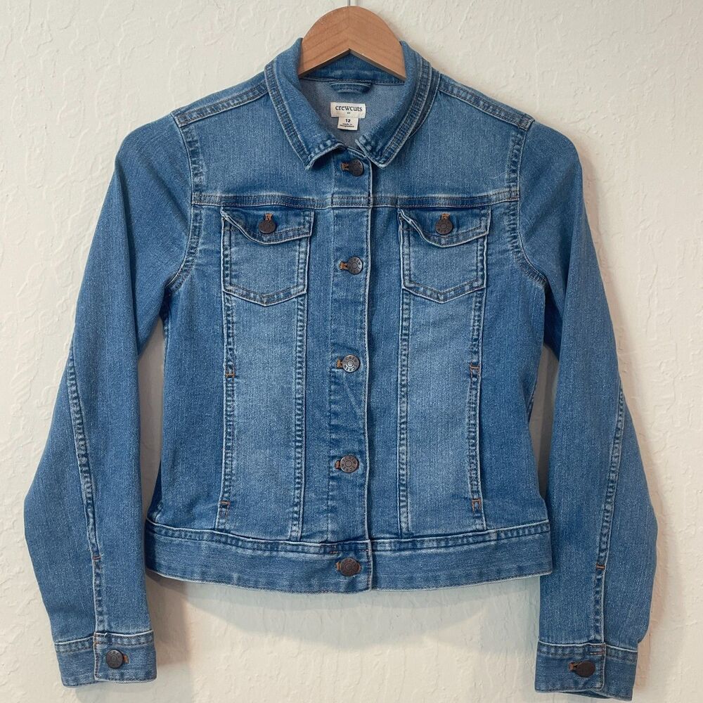 ~ Crewcuts 12 Kid's Jean Jacket Unisex Blue Buttons Girls Boys Stretch Denim